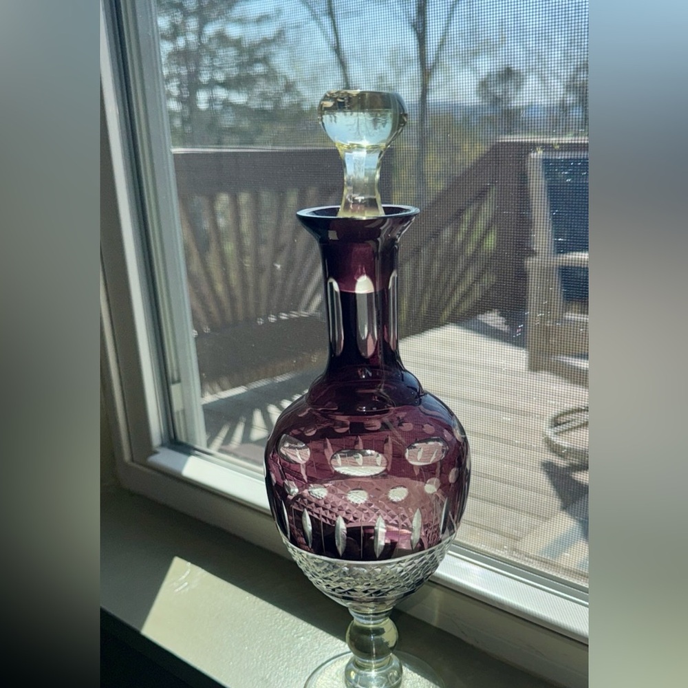 Vintage 12” Bohemian Amythest Crystal Footed Decanter With Stopper Rare Style